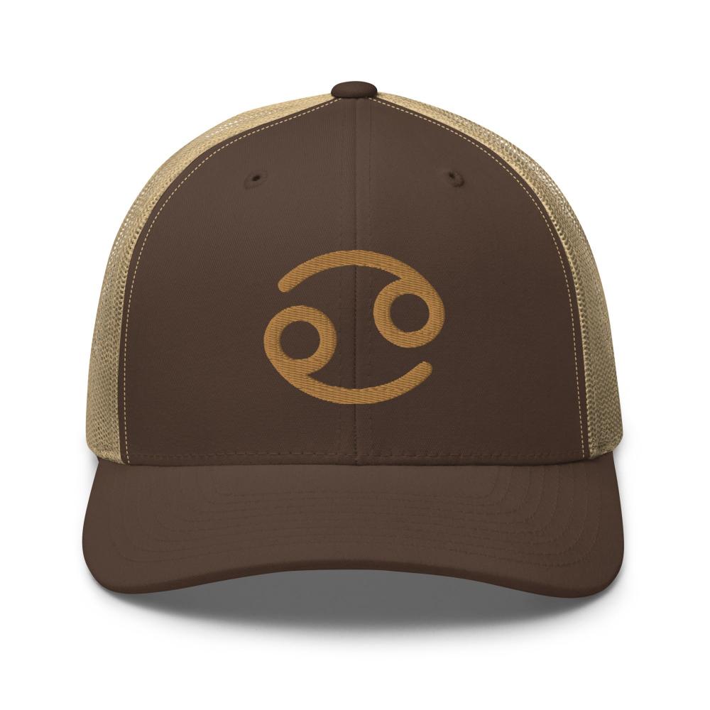 Cancer Zodiac Embroidered Curved Bill Trucker Hat - Brown/Khaki Color - https://ascensionemporium.net